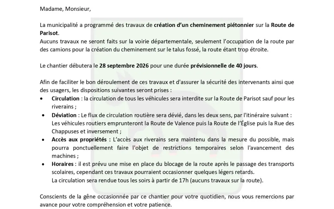 Information Travaux Route de Parisot