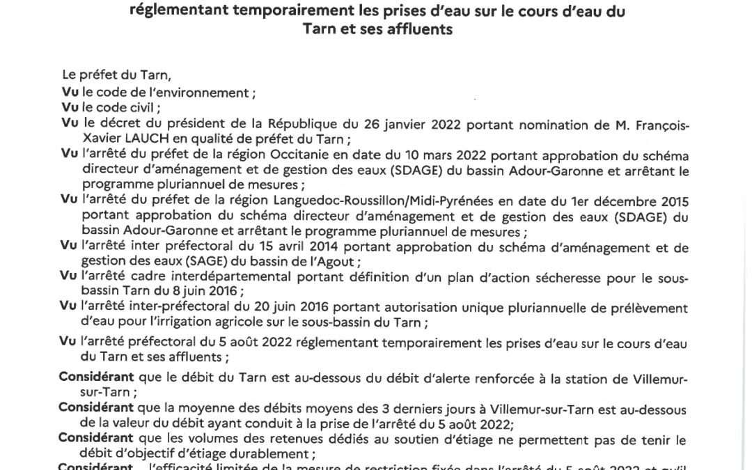 Arrêté Préfectoral réglementant les prises d&rsquo;eau dans le cours d&rsquo;eau du Tarn et ses affluents