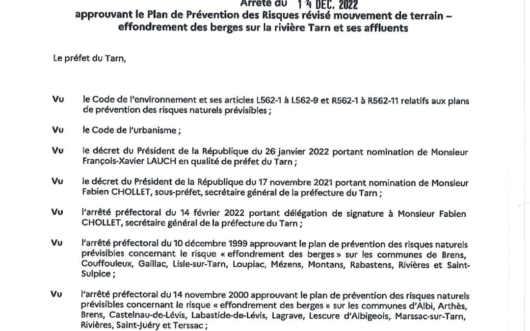 Arrêté préfectoral effondrements des berges du Tarn 2022