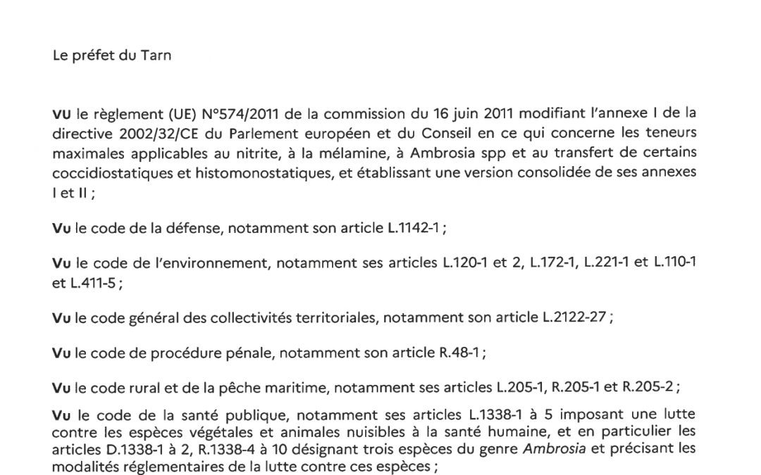 Arrêté préfectoral/plan d&rsquo;actions contre les ambroisies