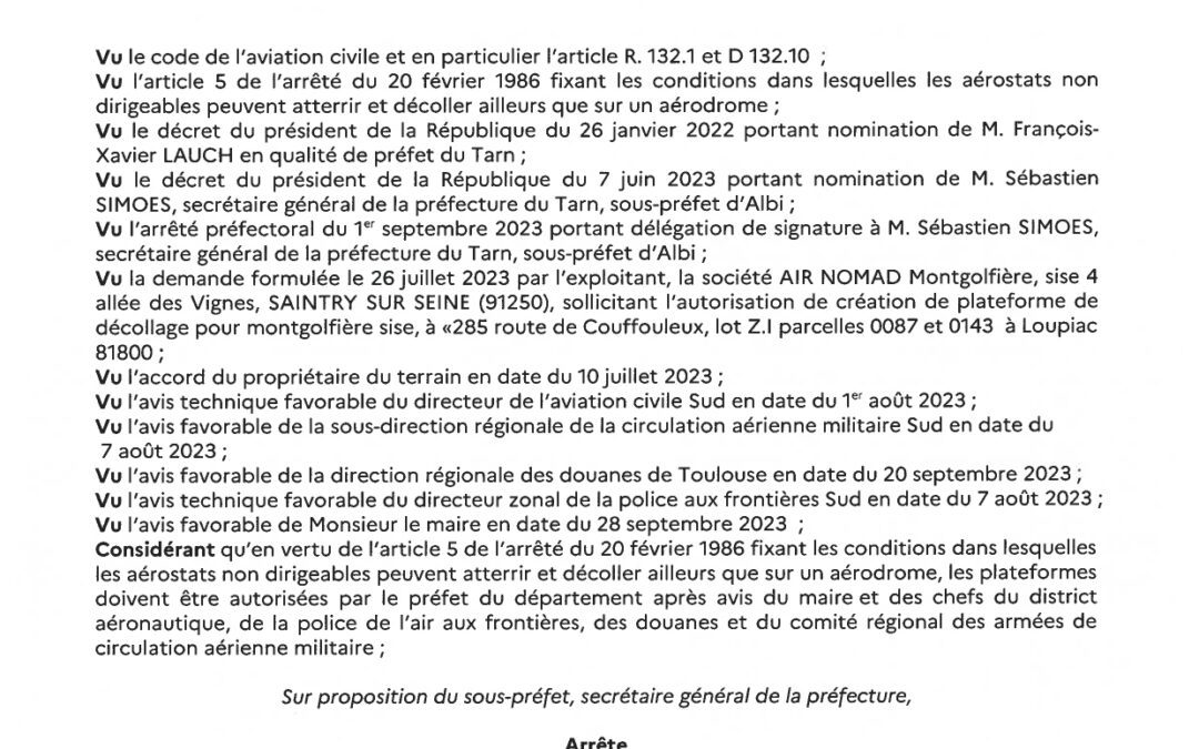 Arrêté préfectoral permanent concernant la création d&rsquo;une plateforme ballon