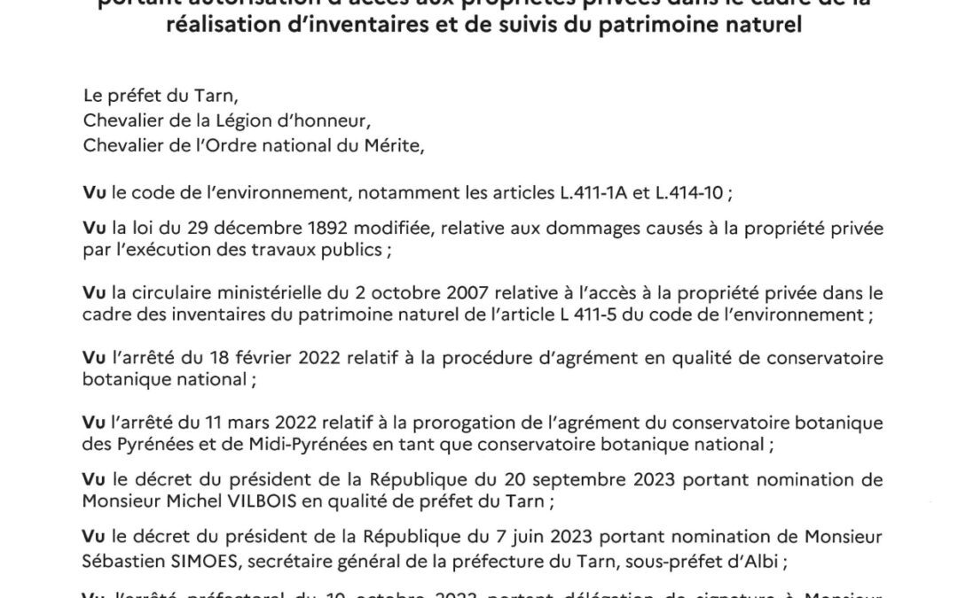 Arrêté du 21/11/2023, portant autorisation d’accès aux propriétés privées dans le cadre de la réalisation d’inventaires et de suivis du patrimoine naturel